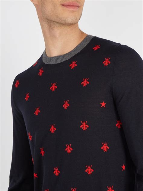 gucci sweater navy bee|Gucci bee embroidered sweater.